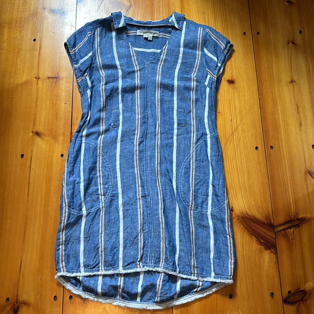 PILCRO Petite 2P Blue Stripe Linen Shirtdress V-Neck Lagenlook